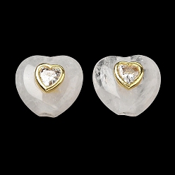 Quartz Crystal Natural Quartz Crystal Beads, Rock Crystal Heart Beads, with Brass Micro Pave Clar Cubic Zirconia Findings, Golden, 18x18.5x10.5mm, Hole: 2.5mm