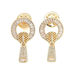 Golden Rack Plating Brass Micro Pave Clear Cubic Zirconia Stud Earrings, Cadmium Free & Lead Free, Zipper Head, Golden, 33x17.5mm