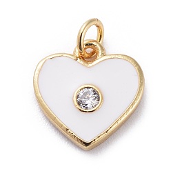 White Cubic Zirconia Charms, with Brass Findings and Enamel, Heart, Golden, White, 11.5x11x2mm, Hole: 1.8mm