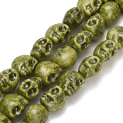 Olive Vintage Handmade Porcelain Beads Strands, Skull, Fancy Antique Glazed Porcelain, Olive, 7.5x6.5x7mm, Hole: 1mm, about 50pcs/strand, 15.20''(38.6cm)