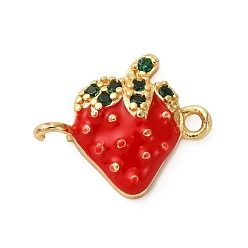 Настоящее золото 18K Латунные микропаве зеленые кубические цирконии фруктовые соединители подвески, красные эмалевые клубничные звенья, стойки покрытие, долговечный, без кадмия и без свинца, реальный 18 k позолоченный, 12x15x4 мм, отверстия : 1.2 mm и 1.4 мм