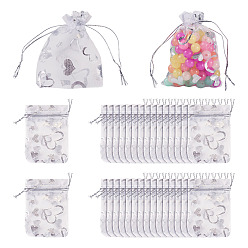 Белый 50шт. мешочки из органзы с принтом в виде сердца, мешочки подарка украшения для мешков конфеты, свадьбы пользу сумки, пользу мешок, подарочные пакеты, прямоугольные, белые, 9x7 см