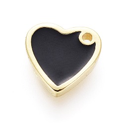 Black Brass Enamel Charms, Heart, Golden, Black, 10x10x2mm, Hole: 1.2mm