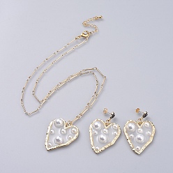 Real 18K Gold Plated Epoxy Resin Dangle Earring & Pendant Necklace Jewelry Sets, with Enamel, ABS Plastic Imitation Pearl, Alloy and Brass Bar Link Chains, Heart, Real 18K Gold Plated, 22.4 inch(57cm), 48.5mm, Pin: 0.6mm