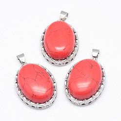 Синтетическая Бирюза Синтетические красные бирюзовые подвески, с латунной фурнитурой , овальные, платина, 30x21x10~11 мм, отверстие : 6x4 мм