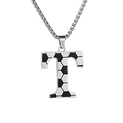 Letter T 201 Кулон-подвеска из нержавеющей стали с инициалом футбольного мяча для мужчин и женщин, цвет нержавеющей стали, белого и черного, Письмо T, 23.62 дюйм (60 см), Кулон : 30x25 мм