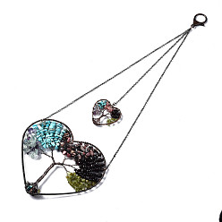 Смешанные камни Большие подвески из натурального смешанного драгоценного камня, проволочные подвесные подвески, с красной медной латунной проволокой, сердце с застежками в виде когтей лобстера, 420~455x138~150x7.5~9.5 мм, отверстие : 16.5 мм