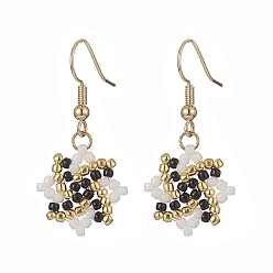Black Handmade Seed Beaded Octagram Dangle Earrings, Golden Brass Wire Wrap Jewelry for Women, Black and White, 37mm, Pin: 0.7mm