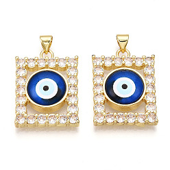 Средно-синий Латунные подвески с микропаве из прозрачных кубических цирконий для женщин, Прямоугольник с глаз, cmолой, реальный 18 k позолоченный, светло-синий, 26~27x20x7~8 мм, отверстие : 3.5~4x5 мм