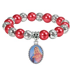 Red Religion Virgin Charm Alloy and Plastic Round Beaded Stretch Bracelets, Platinum, Red, Inner Diameter: 2.02 inch(5.12cm)