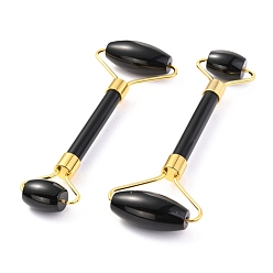 Obsidian Natural Obsidian Brass Face Massager, Facial Rollers, Golden, 142~150x54~58x19~22mm