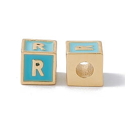 Letter R Стойки покрытие латунь эмаль бисер, без кадмия, без никеля и без свинца, реальный 18 k позолоченный, куб с письмом, голубой, буква r, 6x6x6 мм, отверстие : 2.5 мм