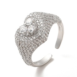 Clear Cubic Zirconia Heart Open Cuff Ring, Real Platinum Plated Brass Wide Ring for Women, Ion Plating(IP), Cadmium Free & Lead Free, Clear, US Size 6 3/4(17.1mm)