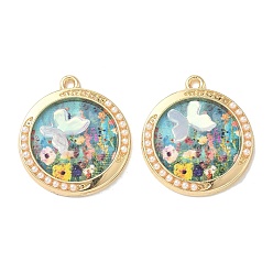 Разноцветный Подвески сплава cmолы, плоские круглые с бабочкой, с абс пластмассовой имитационной жемчужиной, золотой свет, без кадмия, без никеля и без свинца, стойки покрытие, напечатанный, красочный, 27.5x24.5x3.5 мм, отверстие : 1.8 мм