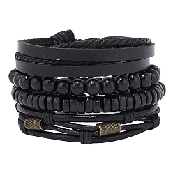 Noir 4pcs 4 ensemble de bracelets à cordon en simili cuir tressé réglable de style, bracelets extensibles en perles de bois et d'alliage pour hommes, noir, diamètre intérieur: 2~3-1/8 pouce (5.1~8 cm), 1 pc / style
