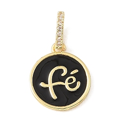 Black Brass Micro Pave Clear Cubic Zirconia & Enamel Pendants, Flat Round with Word Fé Charms, Rack Plating, Long-Lasting Plated, Cadmium Free & Lead Free, Real 18K Gold Plated, Black, 17x14x2mm, Hole: 6x3.5mm