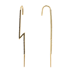 Real 18K Gold Plated 925 Sterling Silver Ear Wrap Crawler Hook Earrings, with Cubic Zirconia, with S925 Stamp, Lightning Bolt, Black, Real 18K Gold Plated, 65x6.5mm, Pin: 1.3mm