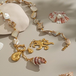 Осьминог Отдых на пляже 304 подвеска из нержавеющей стали с натуральными ракушками, ожерелья из бисера для женщин, золотые, осьминог, 17.32 дюйм (44 см)