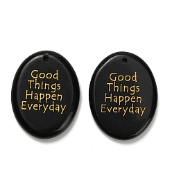 Обсидиан Природные подвески обсидиана, плоские овальные подвески с золотой надписью «Хорошие вещи случаются каждый день», 44.5~45x35x7 мм, отверстие : 2.5 мм