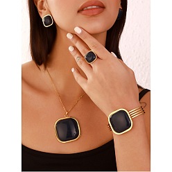 Черный Квадратные 304 браслеты из нержавеющей стали и смолы, кольца, серьги и ожерелья, наборы для женщин, чёрные, 17.52 дюйм (44.5 см)