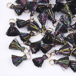 Black Polyeter Tassel Pendants, with Metallic Cord and Iron Jump Rings, Golden, Black, 10~15x5~8mm, Hole: 3.5mm