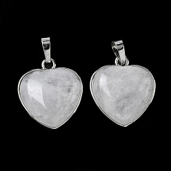 Хрусталь Природного кварца хрустальных подвесок, подвески в форме сердца из горного хрусталя, с рамой из латуни с платиновым покрытием, 25x22x7 мм, отверстие : 8x4.5 мм