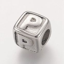 Letter P Устойчивые к потускнению 304 европейские бусины из нержавеющей стали, горизонтальное отверстие, бусины с большим отверстием, куб с letter.p, 8x8x8 мм, отверстие : 4 мм