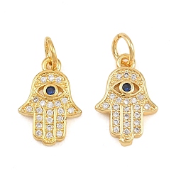 Marine Blue Brass Micro Pave Cubic Zirconia Charms, Hamsa Hand Charms, Rack Plating, Long-Lasting Plated, Cadmium Free & Lead Free, Real 18K Gold Plated, Marine Blue, 14x9.5x2mm, Hole: 3.5mm