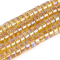 (932FM) Темно-синий аква-матовый с подкладкой Ab цветные прозрачные стеклянные бусины пряди, плоско-круглые, темно-золотистые, 7.5~8x4~4.5 мм, отверстие : 0.8~1 мм, около 82~87 шт / нитка, 14.37~15.16'' (36.5~38.5 см)