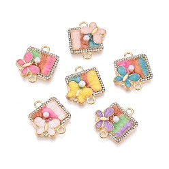 Золотой Подвески-коннекторы из сплава кристаллов горного хрусталя и искусственного жемчуга ABS, эмалированный прямоугольник со звеньями-бабочками, разноцветные, золотые, 20x18x4~4.5 мм, отверстие : 2 мм