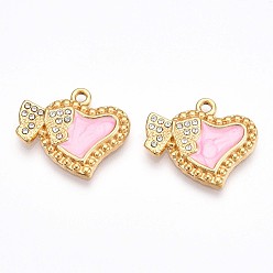 Бледно-Розовый 304 подвески из нержавеющей стали с эмалированными стразами, сердце с бантом, ионное покрытие (ip), реальный 18 k позолоченный, розовый жемчуг, 16.5x19x2 мм, отверстие : 1.6 мм