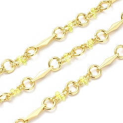 Real 18K Gold Plated Rack Plating Brass Rhombus & Ring Link Chains, with Yellow Green Glass Beaded, Unwelded, with Spool, Lead Free & Cadmium Free, Long-Lasting Plated, Golden, 6x1mm, 13x3x3mm, 10x2.5mm