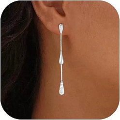 Silver Brass Micro Pave Clear Cubic Zirconia Stud Dangle Earrings for Women, Teardrop, Silver, 60mm