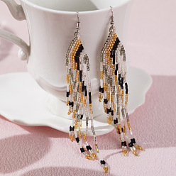 Коричневый Серьги-кисточки из стеклянного бисера ручной работы, платина, коричневые, 135x35 мм