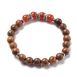 Carnelian Stretch Bracelets, with Round Natural Carnelian(Dyed & Heated)/Red Agate Beads, Natural Wood Beads, Alloy Bead Caps and 304 Stainless Steel Spacer Beads, Inner Diameter: 2-1/8 inch(5.5cm)