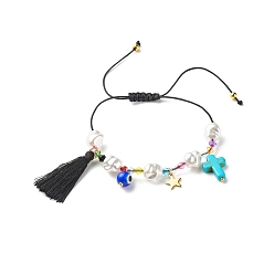 Mixed Color Synthetic Turquoise(Dyed) & Plastic & Lampwork Braided Bead Bracelet for Girl Women, Tassel & Evil Eye & Cross & Star Charm Bracelet, Mixed Color, Inner Diameter: 1-1/4 inch(3.1~10cm)
