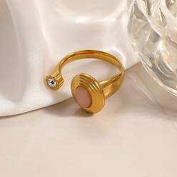 Real 18K Gold Plated 304 Stainless Steel Cubic Zirconia Cuff Open Rings for Women, Oval, with Natural Agate, Real 18K Gold Plated, 19mm