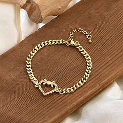 Сердце Латунные браслеты с микропаве из чистого кубического циркония, цепи панциря ювелирные изделия для женщин, реальный 18 k позолоченный, сердце, 7-1/8 дюйм (18 см), Сердце: 17.5x22x3 mm