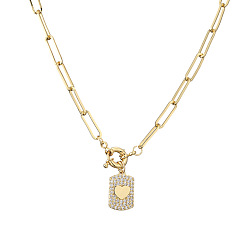 Прозрачный Женские цепочки-подвески из латуни с микропаве из кубического циркония в форме прямоугольника с подвеской в виде сердца и канцелярской скрепкой, застежкой-карабином., золотые, прозрачные, 15.75 дюйм (40 см)