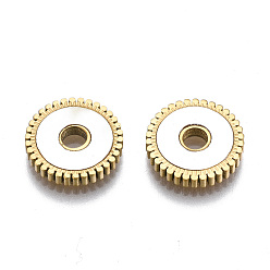 Real 14K Gold Plated 304 Stainless Steel Spacer Beads, with Shell, Flat Round with Gead Edge, Seashell Color, Real 14K Gold Plated, 12x2mm, Hole: 2.5mm
