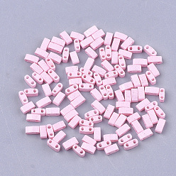 Pink 2-Hole Baking Paint Glass Seed Beads, Rectangle, Pink, 4.5~5.5x2x2~2.5mm, Hole: 0.5~0.8mm
