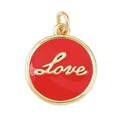 Красный Латунь эмаль подвески, с целью перехода в кольце, плоские круглые со словесными любовными чарами, без свинца и без кадмия, долговечный, реальный 18 k позолоченный, стойки покрытие, красные, 16.5x14x1.5 мм, отверстие : 2.5 мм