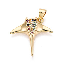 Настоящее золото 18K Латунные микро проложить кубического циркония подвески, амулеты манта скат, реальный 18 k позолоченный, 20.5x21.5x4 мм, отверстие : 3.5x5~5.5 мм