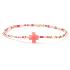 Помидор Богемный крестик-подвеска, браслет из стеклянных и латунных бусин, эластичный, для женщин., помидор, 6.50 дюйм (16.5 см)