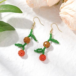 Orange Pave Disco Ball Beads with Solid Round Brass Beads and Brass Earring Hooks and MIYUKI Round Rocailles Beads Earrings, Fruits, Orange, 64.5x20mm