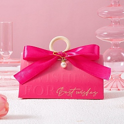 Ярко-Розовый Складные картонные коробки для конфет, коробка для упаковки свадебного подарка, с деревянной ручкой, ярко-розовый, 16.9x7.5x9.2 см