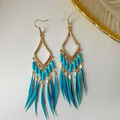 Темно-бирюзовый Серьги-люстры в стиле бохо с перьями из сплава стеклянных бусин и ромбами, золотые, темные бирюзовый, 120 мм