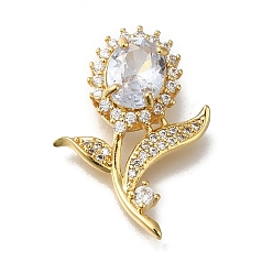 Прозрачный Стойка металлическая латунная микропрофилированная кубическая циркония подвески, долговечный, без кадмия и без свинца, реальный 18 k позолоченный, цветок, прозрачные, 26x19x7 мм, отверстие : 3 мм
