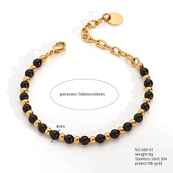 (946F)Морозный цвет внутри  Жонкиль / Непрозрачная зеленая подкладка Женские браслеты из натурального черного агата в богемном стиле с круглыми бусинами, застежка из нержавеющей стали, реальный 18 k позолоченный, 6-1/4 дюйм (16 см)