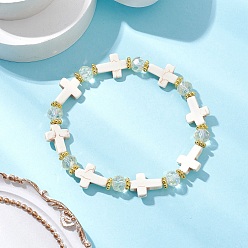 Cross Синтетические бирюзовые бусины эластичные браслеты для женщин, с гальваническим стеклом и шариками из сплава, крестик, внутренний диаметр: 2-1/8~2-3/8 дюйм (5.4~6.1 см), бусина : 15.5x12.5x3.5 mm